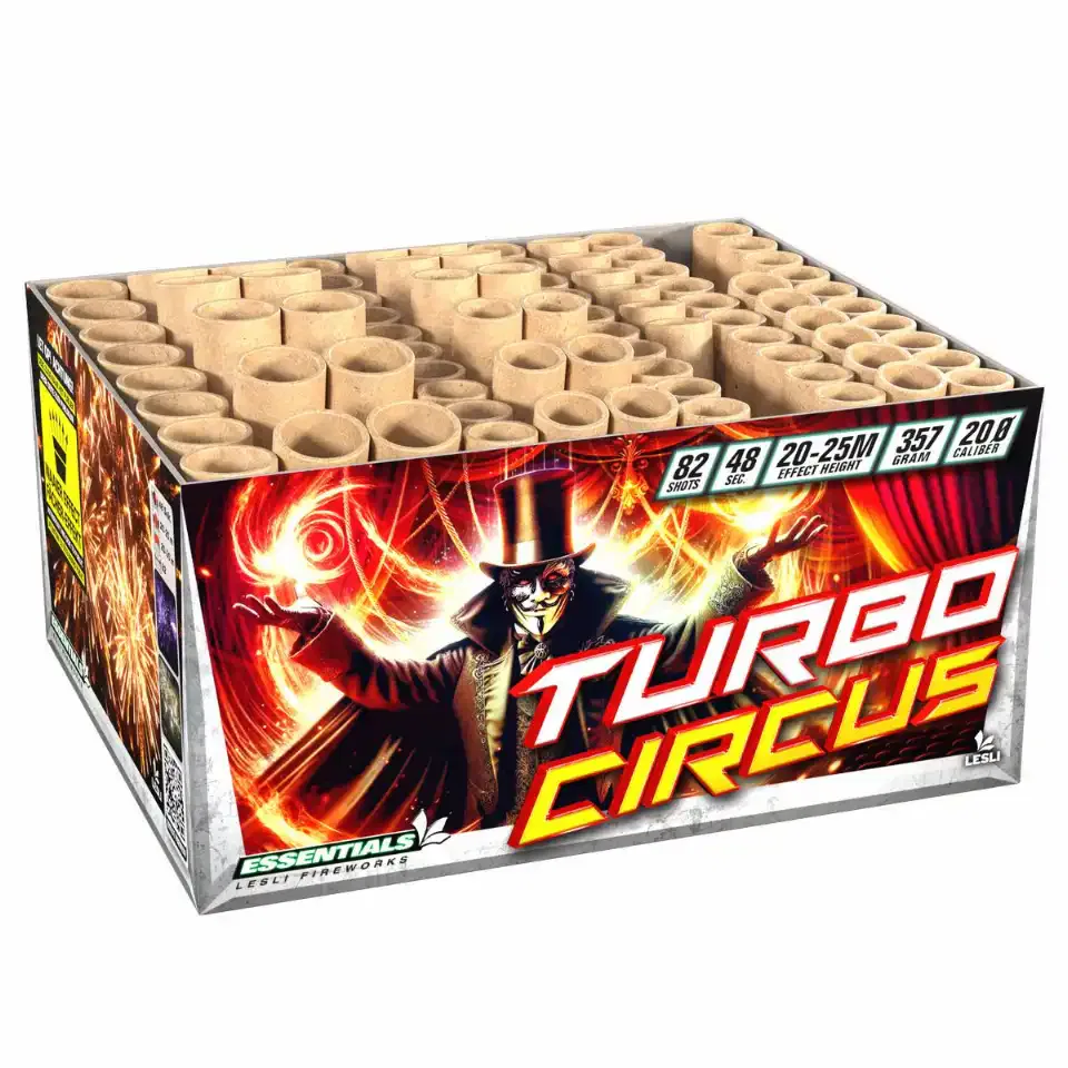 Feuerwerksbatterie mit Zirkusdesign auf der Verpackung.