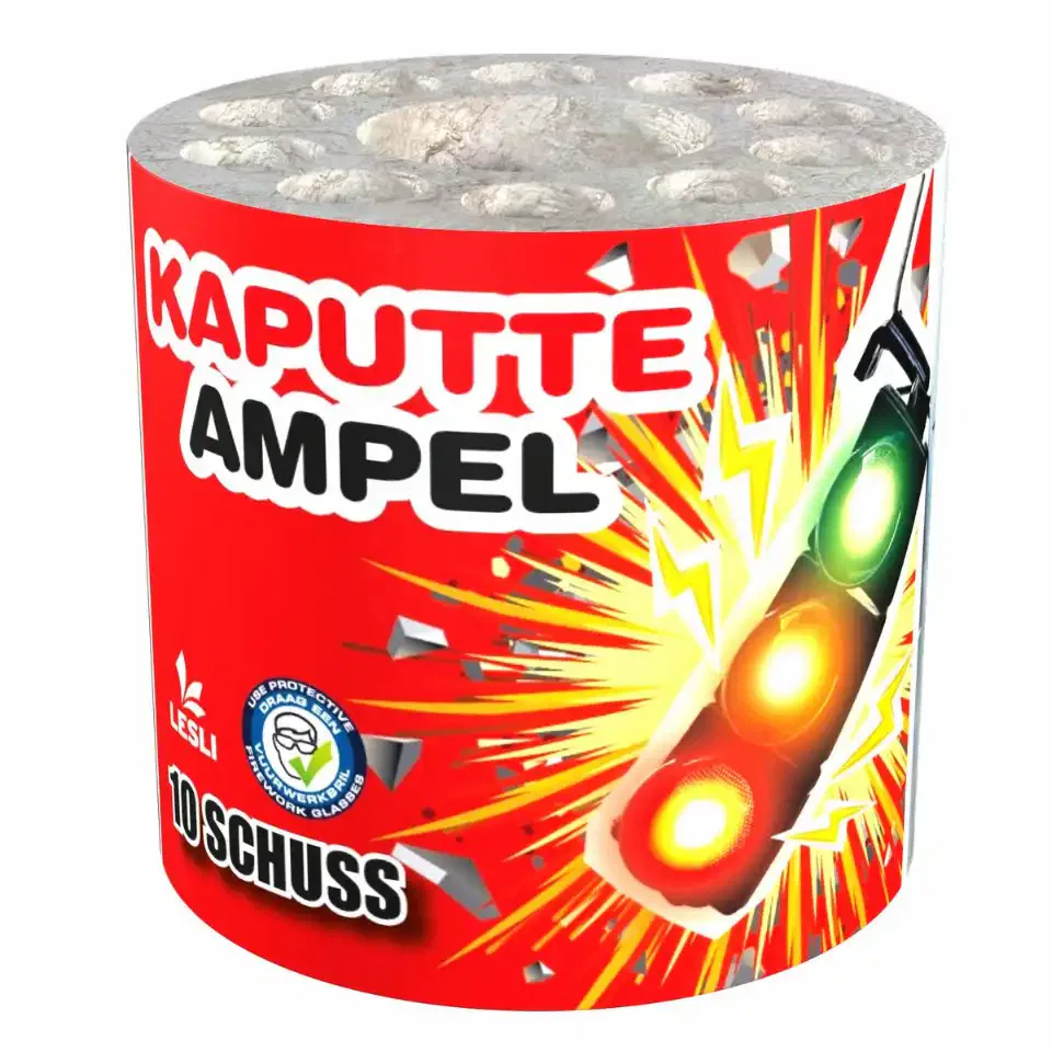 Rote Packung mit Feuerwerk und Ampel-Grafik