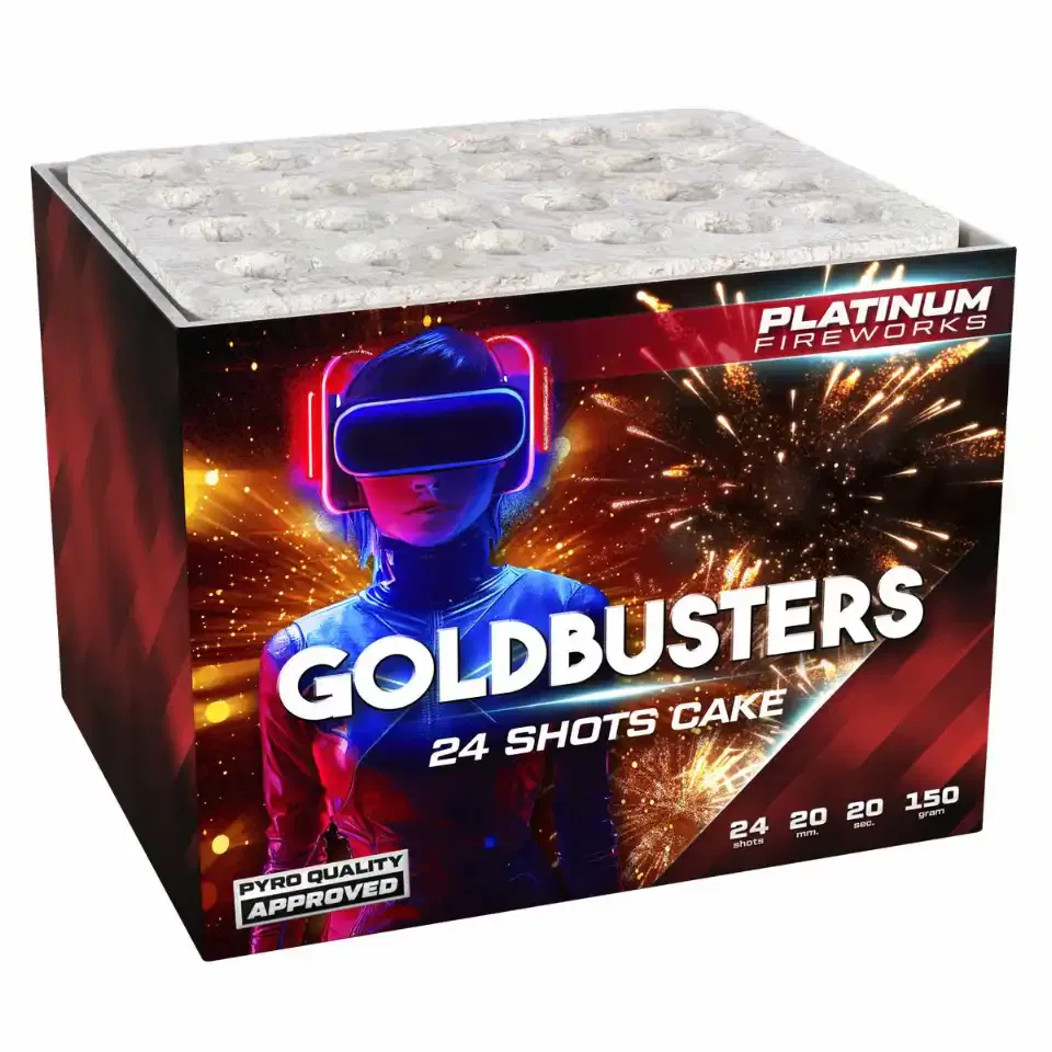 Feuerwerksverpackung mit Cyber-Design und Funkenhintergrund.