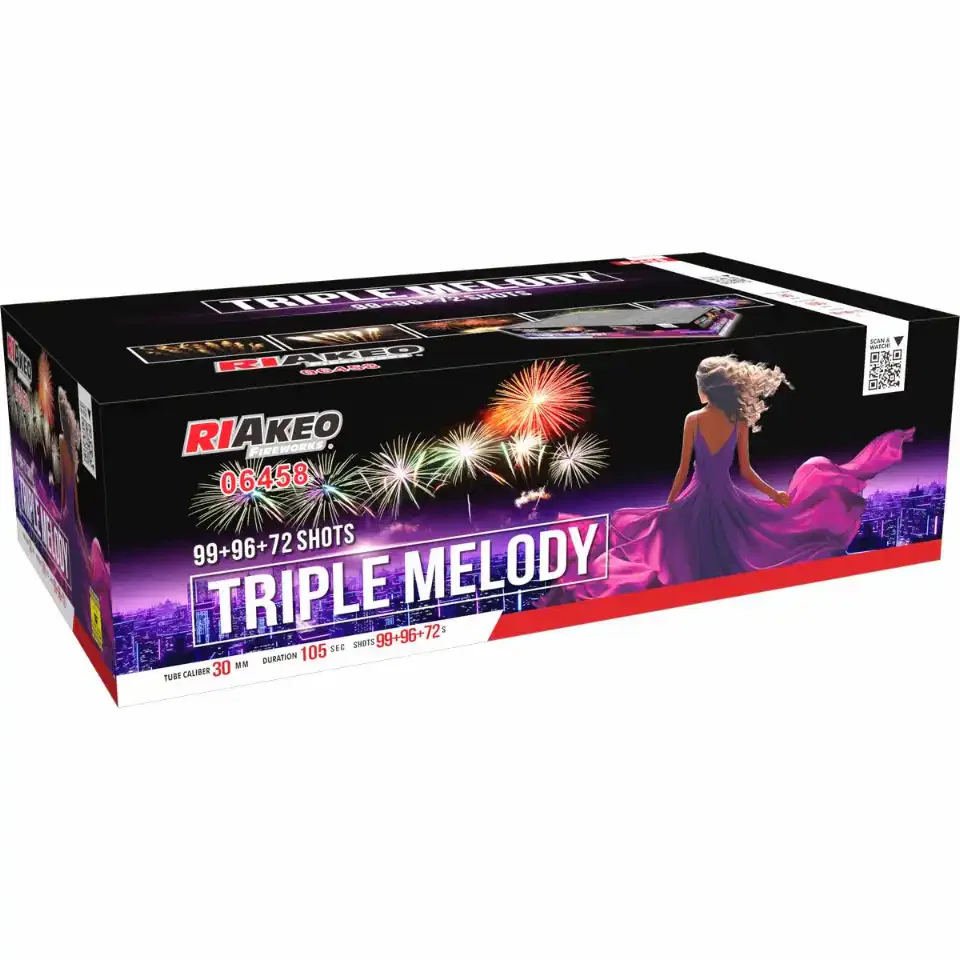 Feuerwerksbox Triple Melody mit bunten Effekten.