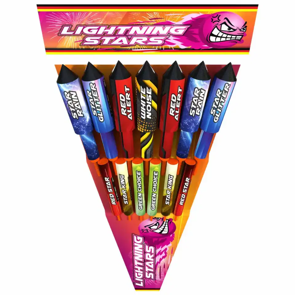 Bunte Feuerwerksraketen im Set verpackt.