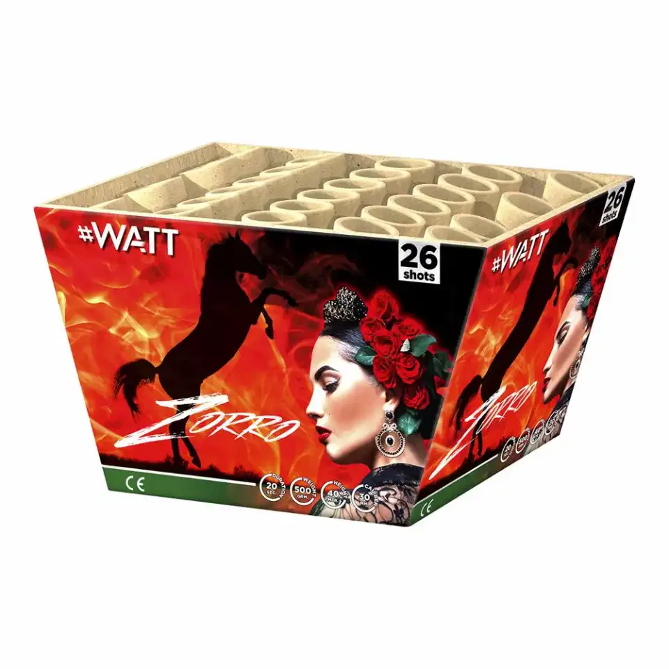 Feuerwerksbatterie mit Flamenco-Motiv und Pferde-Silhouette.