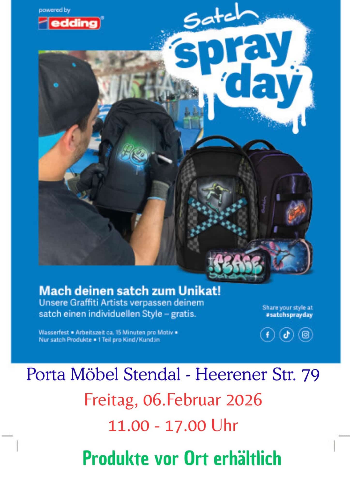 Schulranzenparade und Satch Spray Day am 6. und 7. Februar bei Porta Möbel in Stendal