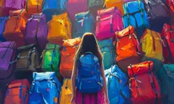 Mädchen steht vor ganz vielen Rucksäckenund Schulranzen und hat eine große Auswahl.