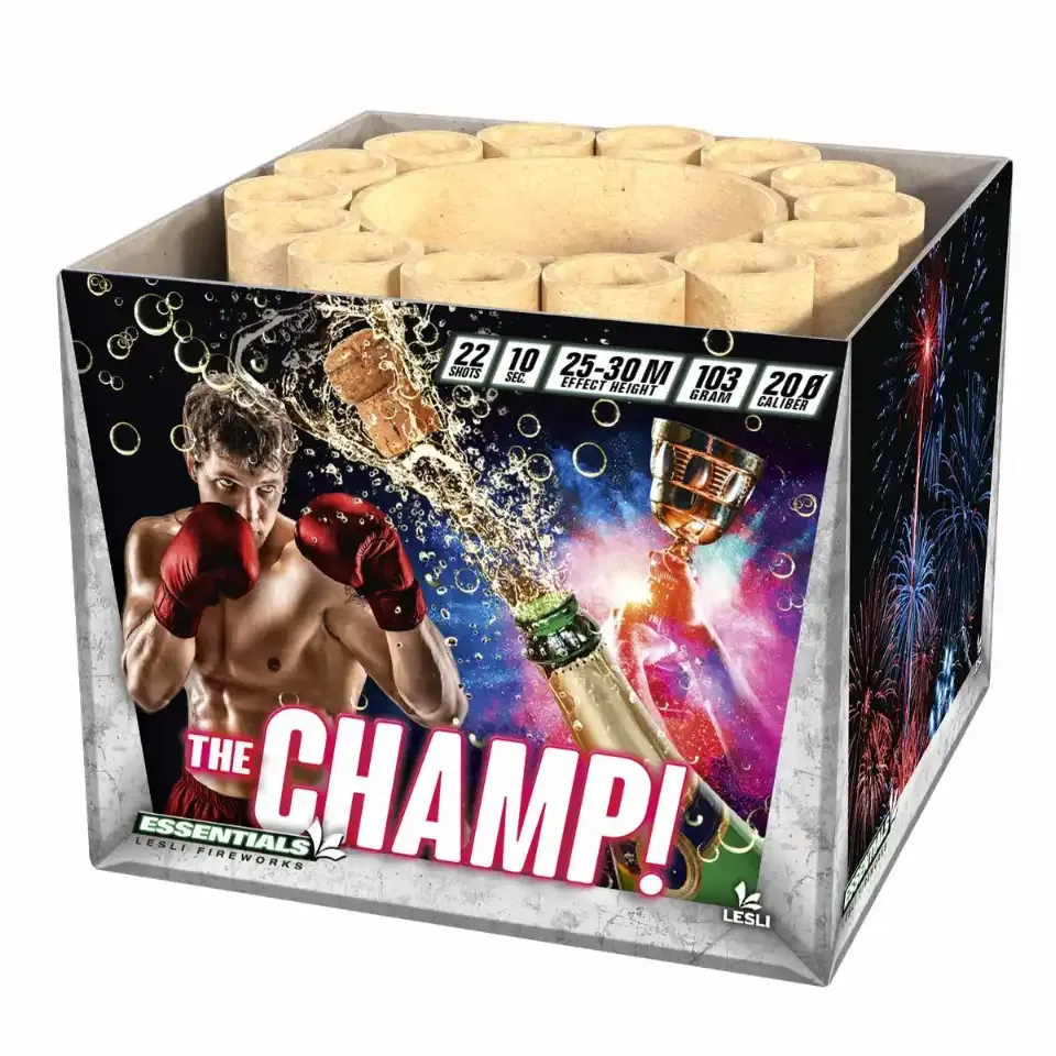 Feuerwerksbatterie mit Boxermotiv und Champagnerflasche.