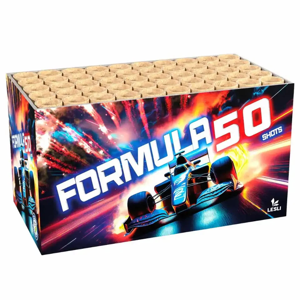 Feuerwerksbatterie Formel 50 mit Rennwagenmotiv.