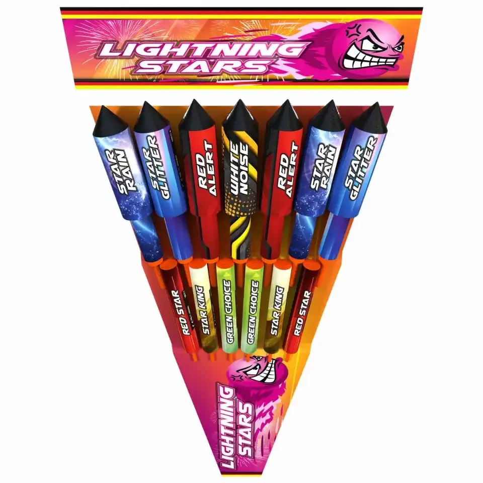 Bunte Feuerwerksraketen im Set verpackt.